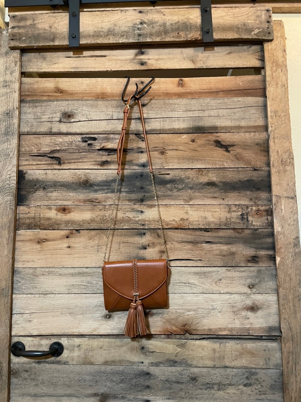 Moda Luxe Cognac Crossbody with Tassel and Chain Strap